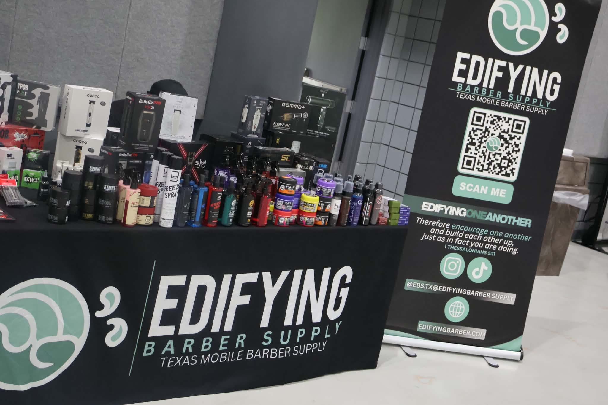 Edifying Barber Supply’s booth stocked with clippers, shears and grooming products at B²E² 2026.